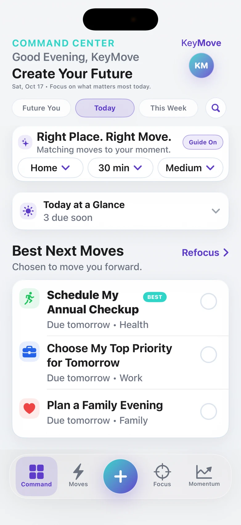 KeyMove Command Center showing moves across Health, Work, and Family.