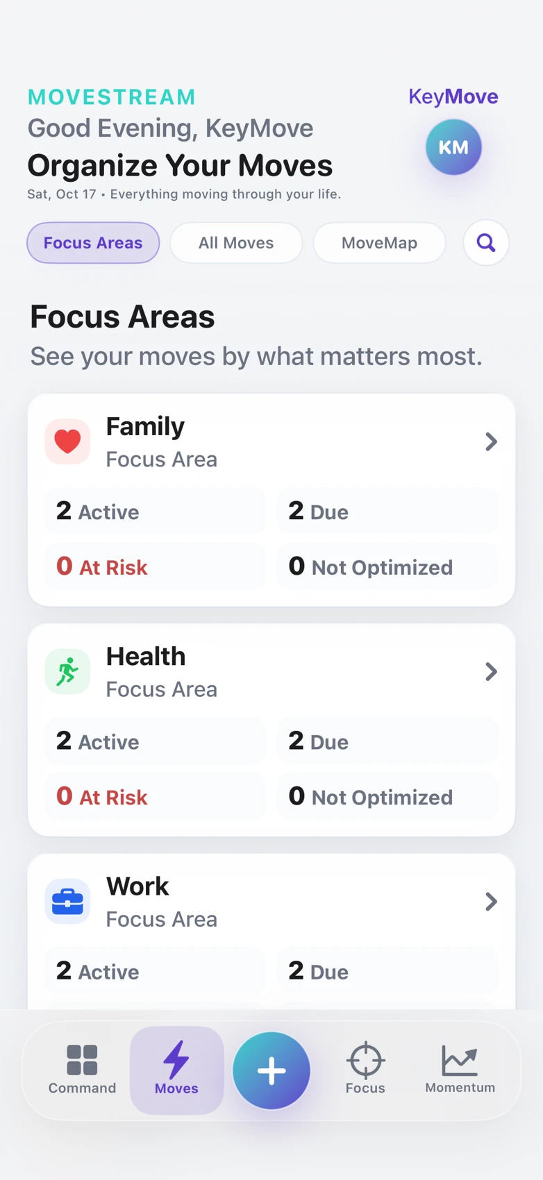 KeyMove organizes moves into Focus Areas including Family, Health, and Work.